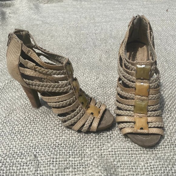 Jeffrey Tyler Faux Snakeskin Tan Strappy Bejeweled High Heel Open Toe Sandals - Picture 1 of 7